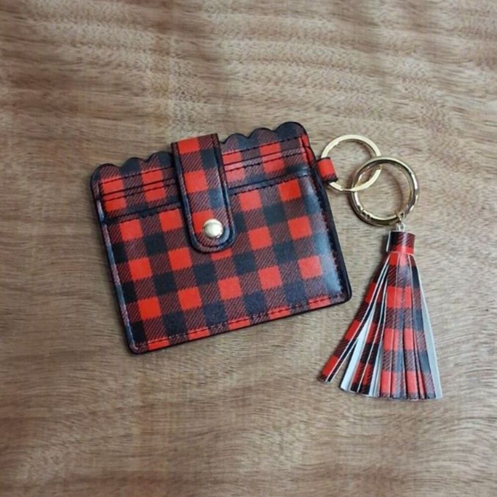 Red Gingham Card Holder with Key Chain Clip W/Tassel